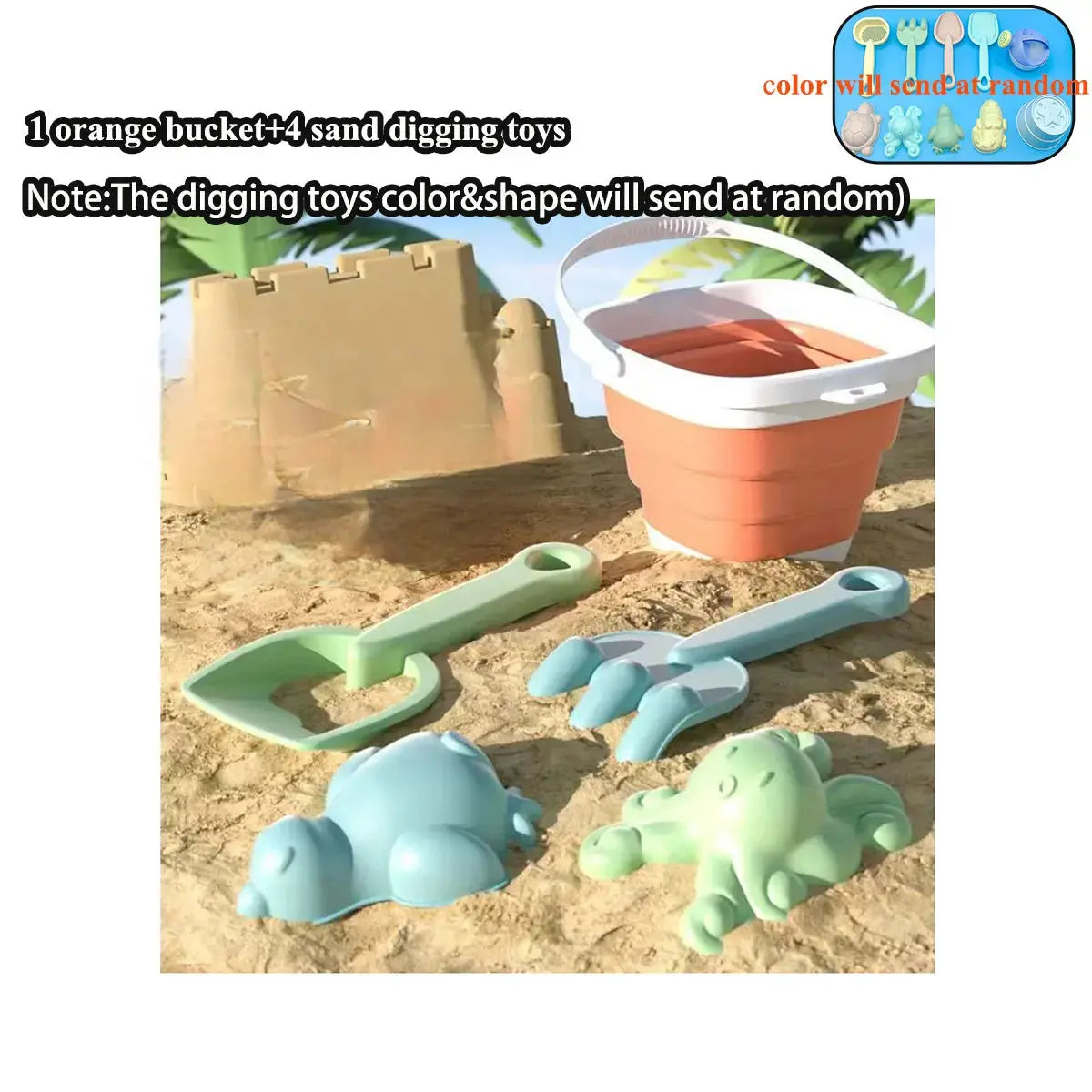 Kids Folding Bucket Sand Play Set – 1, 5 or 11 Pcs Outdoor Sandbox Kit – 5pcs orange