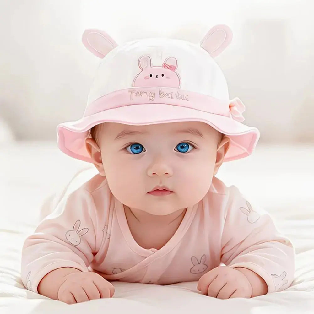 Baby Embroidered Bucket Hat – Unisex Spring & Autumn – Pink Rabbit – One Size