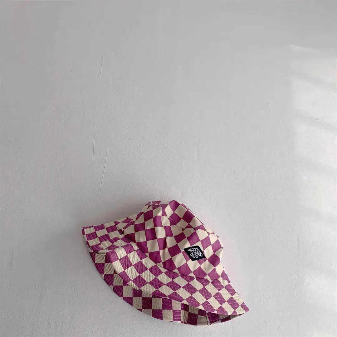 Kids Checkerboard Bucket Hat – Breathable Sun Hat – Purple – 50-52cm