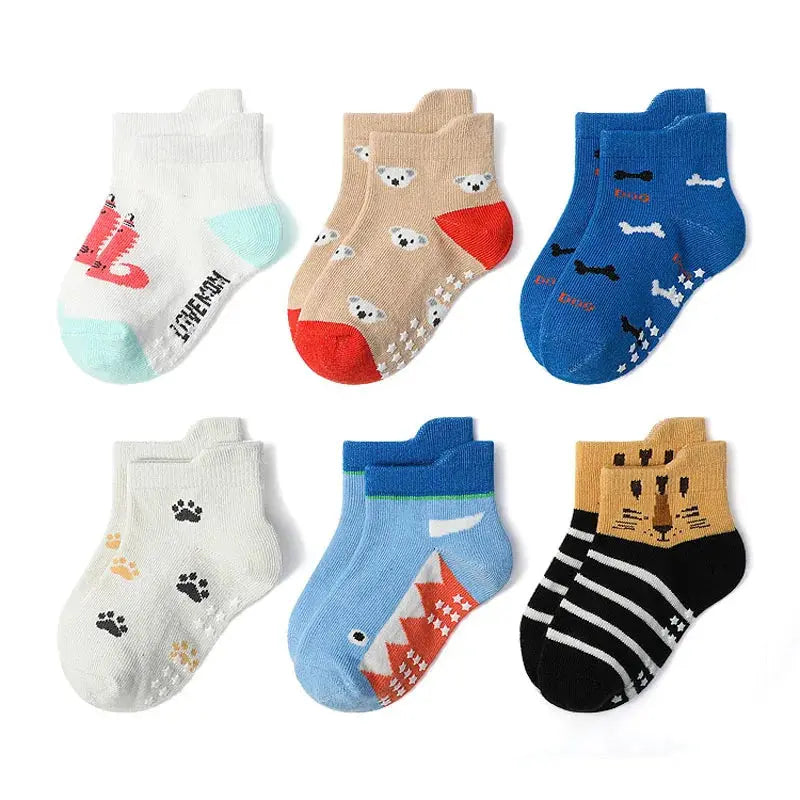 Kids Cartoon Animal Socks – 6-Pack Non-Slip Cotton – 6 Pairs Style A – M 1-3Y 12-13cm