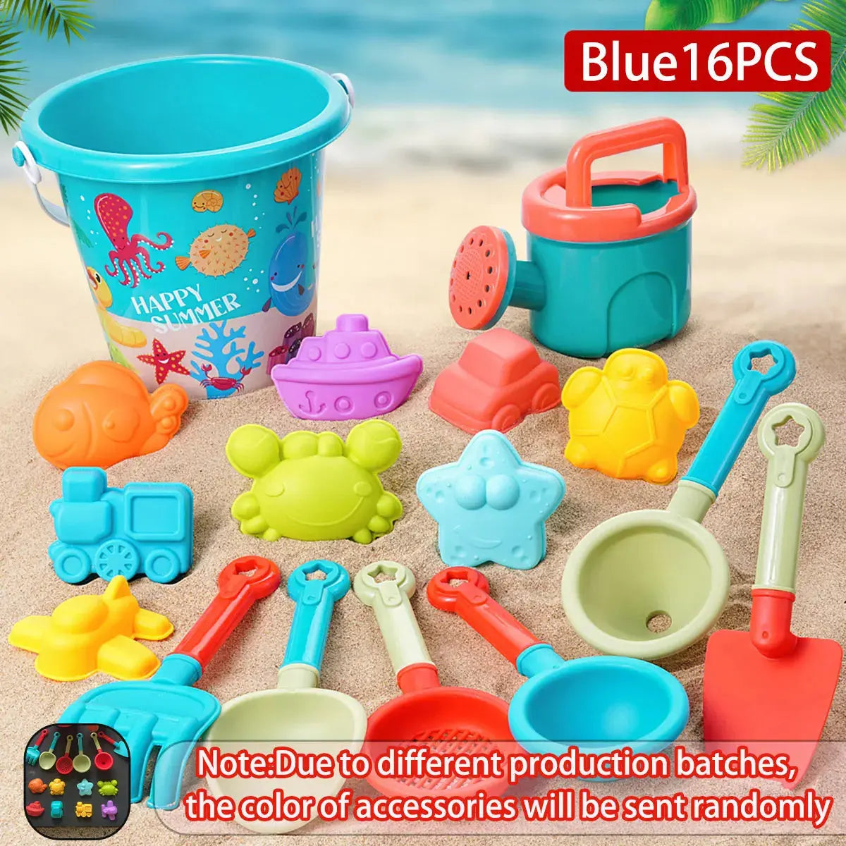 Kids Beach Sand Play Set – Bucket, Shovel & Water Tools (10/14/16 Pcs) – 16 blue