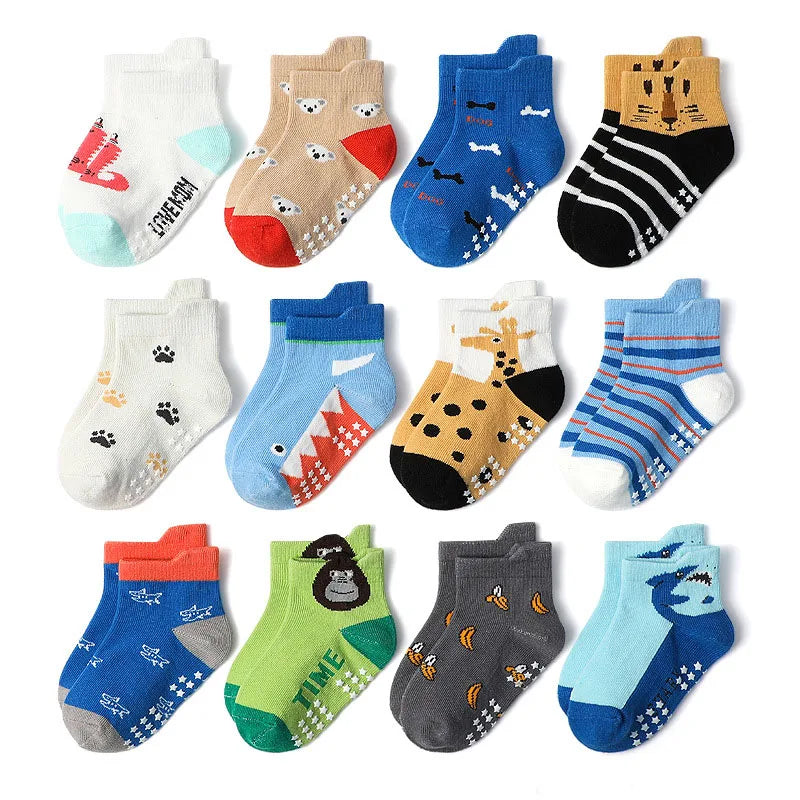 Kids Cartoon Animal Socks – 6 Pairs Non-Slip Cotton Floor Socks for Boys & Toddlers