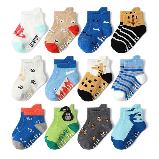 Kids Cartoon Animal Socks – 6 Pairs Non-Slip Cotton Floor Socks for Boys & Toddlers
