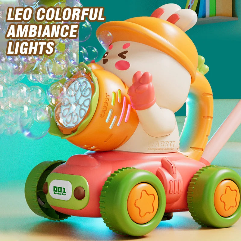 Turnip Rabbit Bubble Lawn Mower Machine Trolley Push with Light Bubbles Soap Blowing Party Outdoor Children's Toy for Kids Gifts