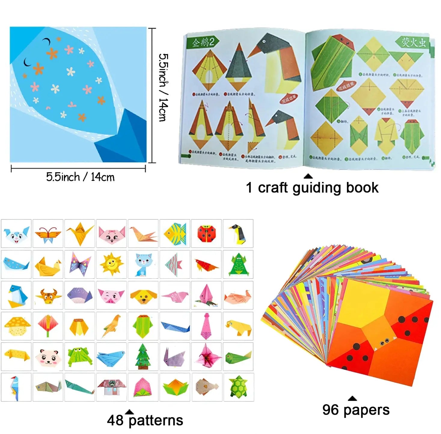 Origami Paper Craft Kit – 30 or 96 Sheets with Guide Book – 96 sheets