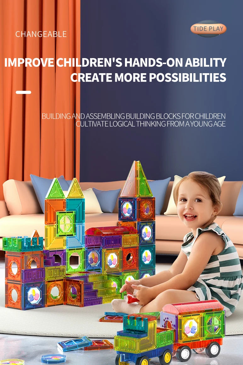 Light Magnetic Tiles Building Blocks for Kids, 3D Clear Educational STEM Building Toys, Magnetic Marble Run Blocks Toys for Kids TinyToyShop