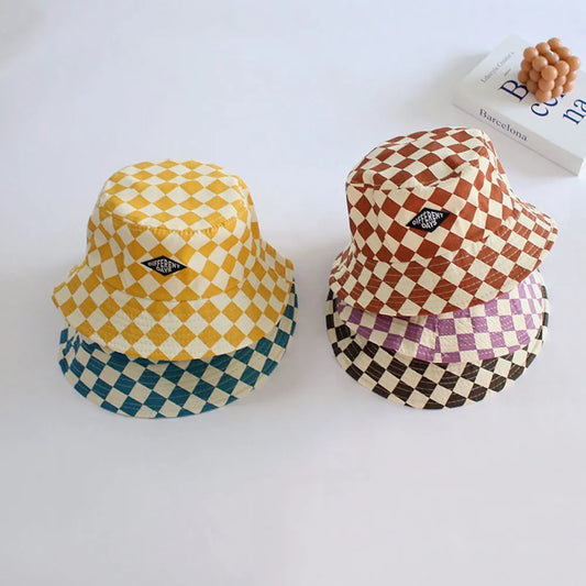 Kids Checkerboard Bucket Hat – Breathable Cotton-Blend Sun Hat for Boys & Girls Ages 4–6