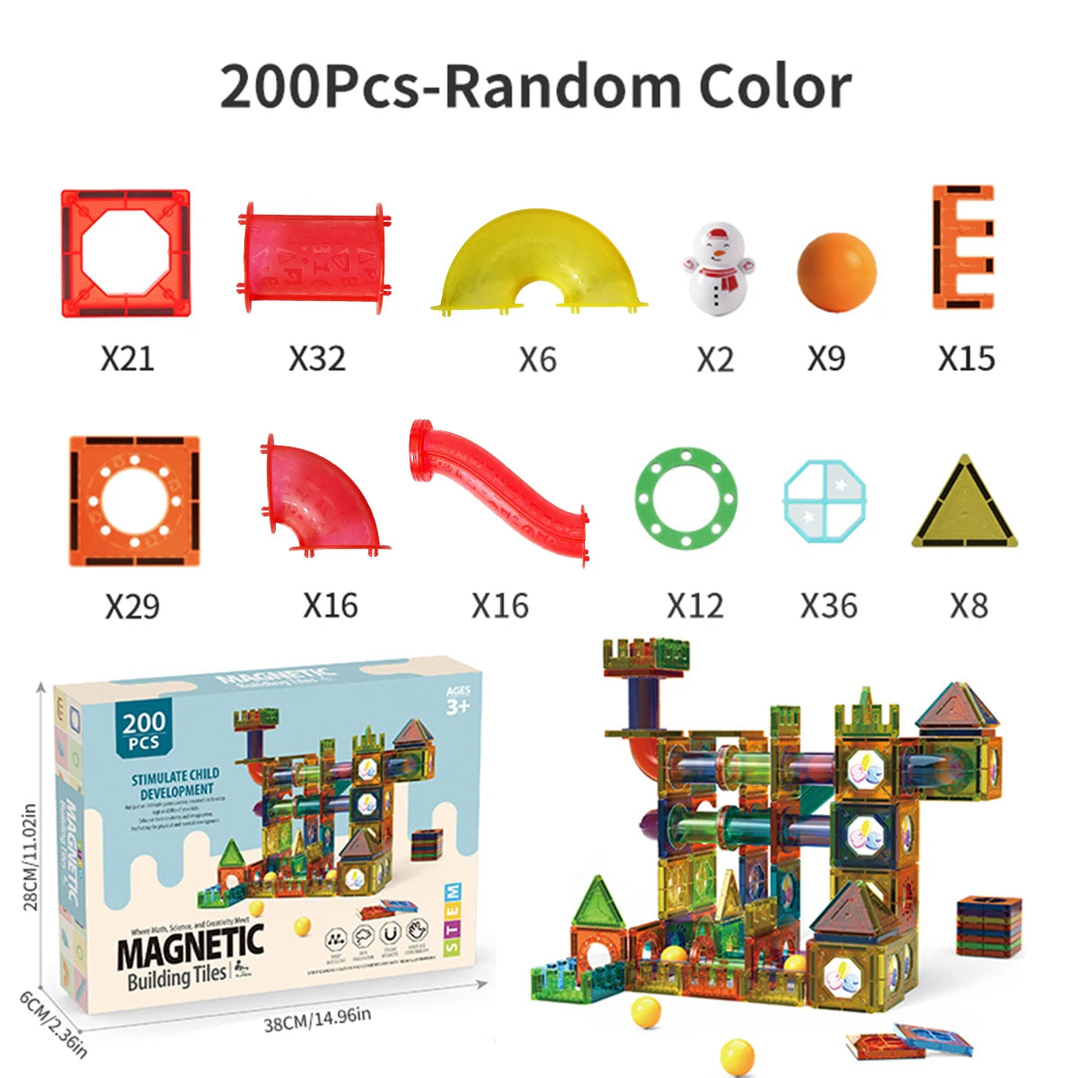 Light-Up Magnetic Tiles & Marble Run Set – 45 to 200 Pieces 3D STEM Toy