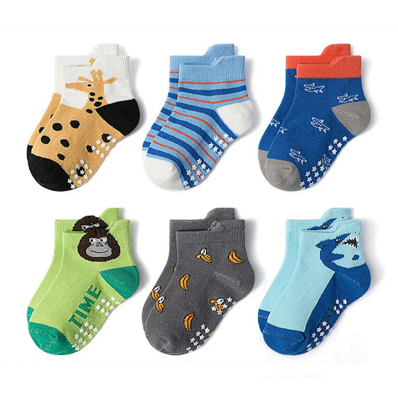 Kids Cartoon Animal Socks – 6 Pairs Non-Slip Cotton Floor Socks for Boys & Toddlers