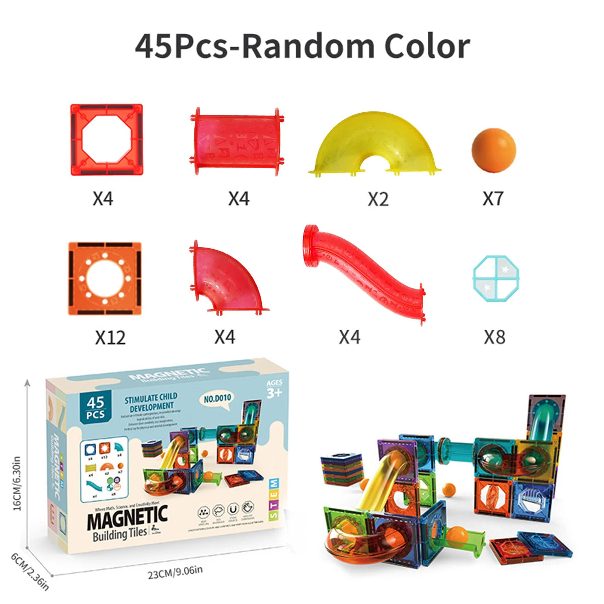 Light-Up Magnetic Tiles & Marble Run Set – 45 to 200 Pieces 3D STEM Toy