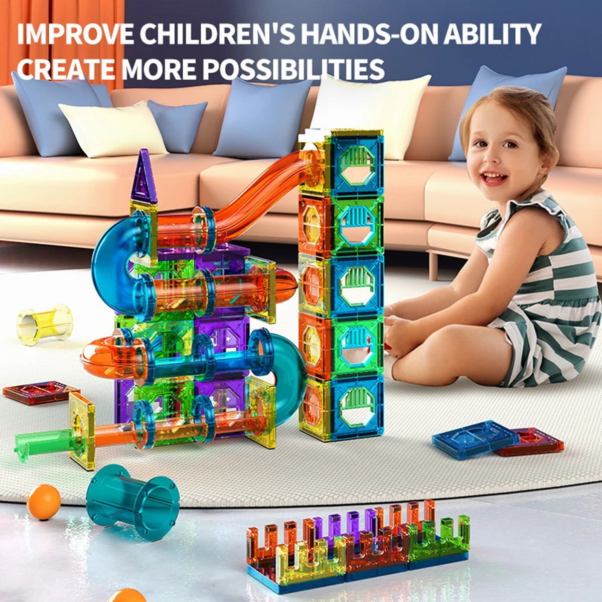Light-Up Magnetic Tiles & Marble Run Set – 45 to 200 Pieces 3D STEM Toy