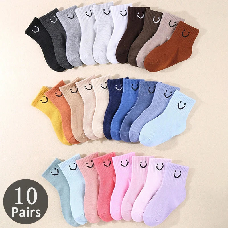 Kids Smiling Face Mid-Calf Socks – 10 Pairs Unisex for Boys & Girls Ages 1–12