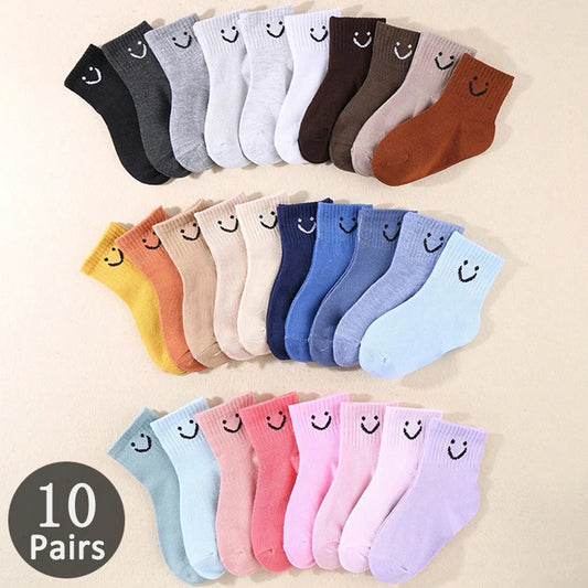 Kids Smiling Face Mid-Calf Socks – 10 Pairs Unisex for Boys & Girls Ages 1–12