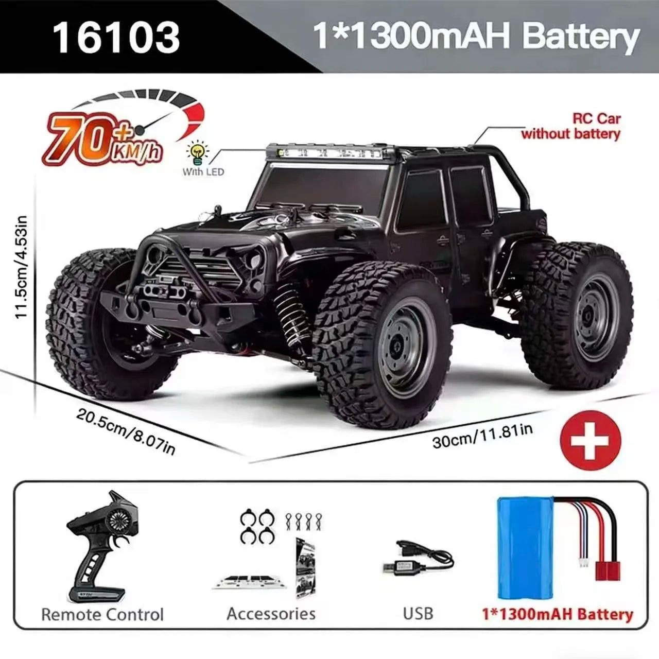 1:16 High Speed 4WD RC Monster Truck – 50 or 70 KM/H with LED Lights