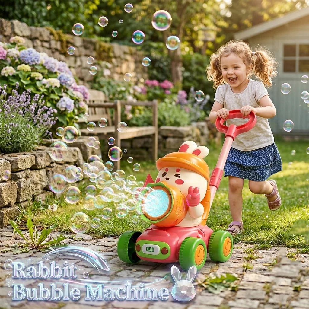 Turnip Rabbit Bubble Lawn Mower Machine Trolley Push with Light Bubbles Soap Blowing Party Outdoor Children's Toy for Kids Gifts