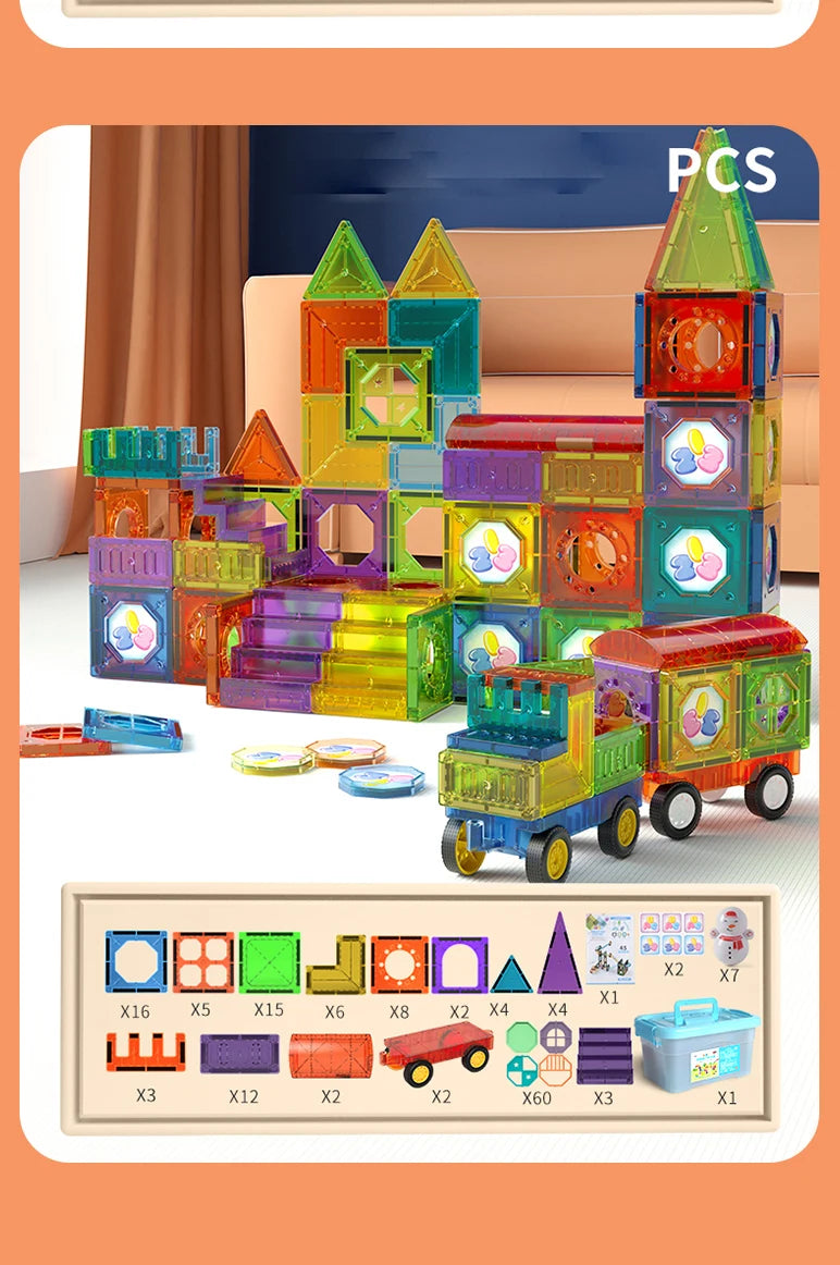 Light Magnetic Tiles Building Blocks for Kids, 3D Clear Educational STEM Building Toys, Magnetic Marble Run Blocks Toys for Kids TinyToyShop