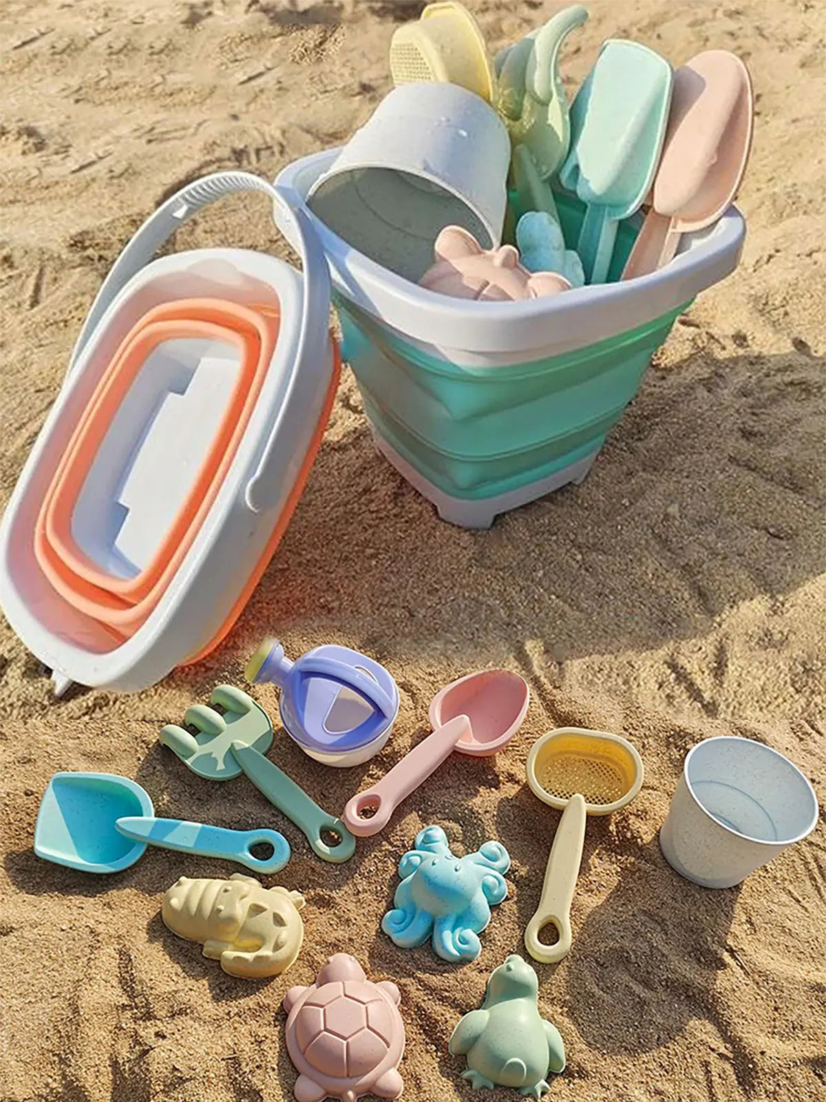 Kids Folding Bucket Sand Play Set – 1, 5 or 11 Pcs Outdoor Sandbox Kit