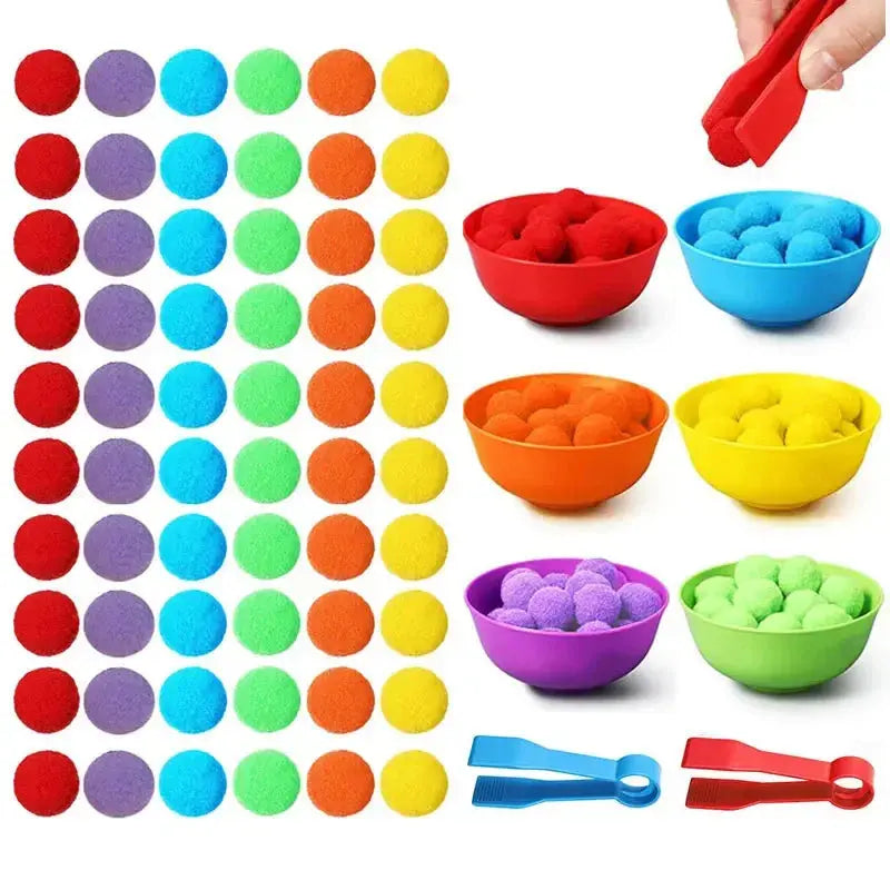 Counting & Sorting Set – Rainbow Pom Poms with Bowls & Tweezers