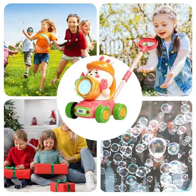 Turnip Rabbit Bubble Lawn Mower Machine Trolley Push with Light Bubbles Soap Blowing Party Outdoor Children's Toy for Kids Gifts